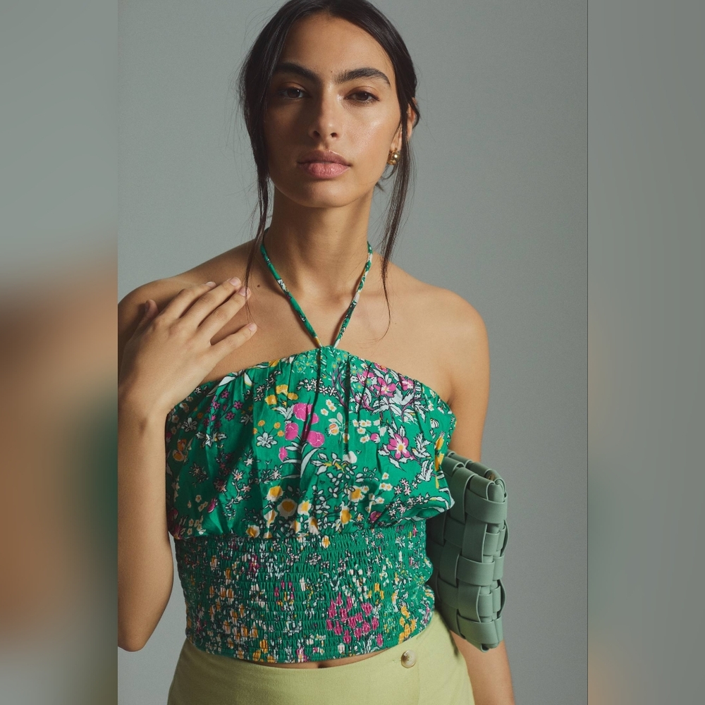 NWT Anthropologie Maeve Woven Halter Top Smocked L Floral Kelly Green